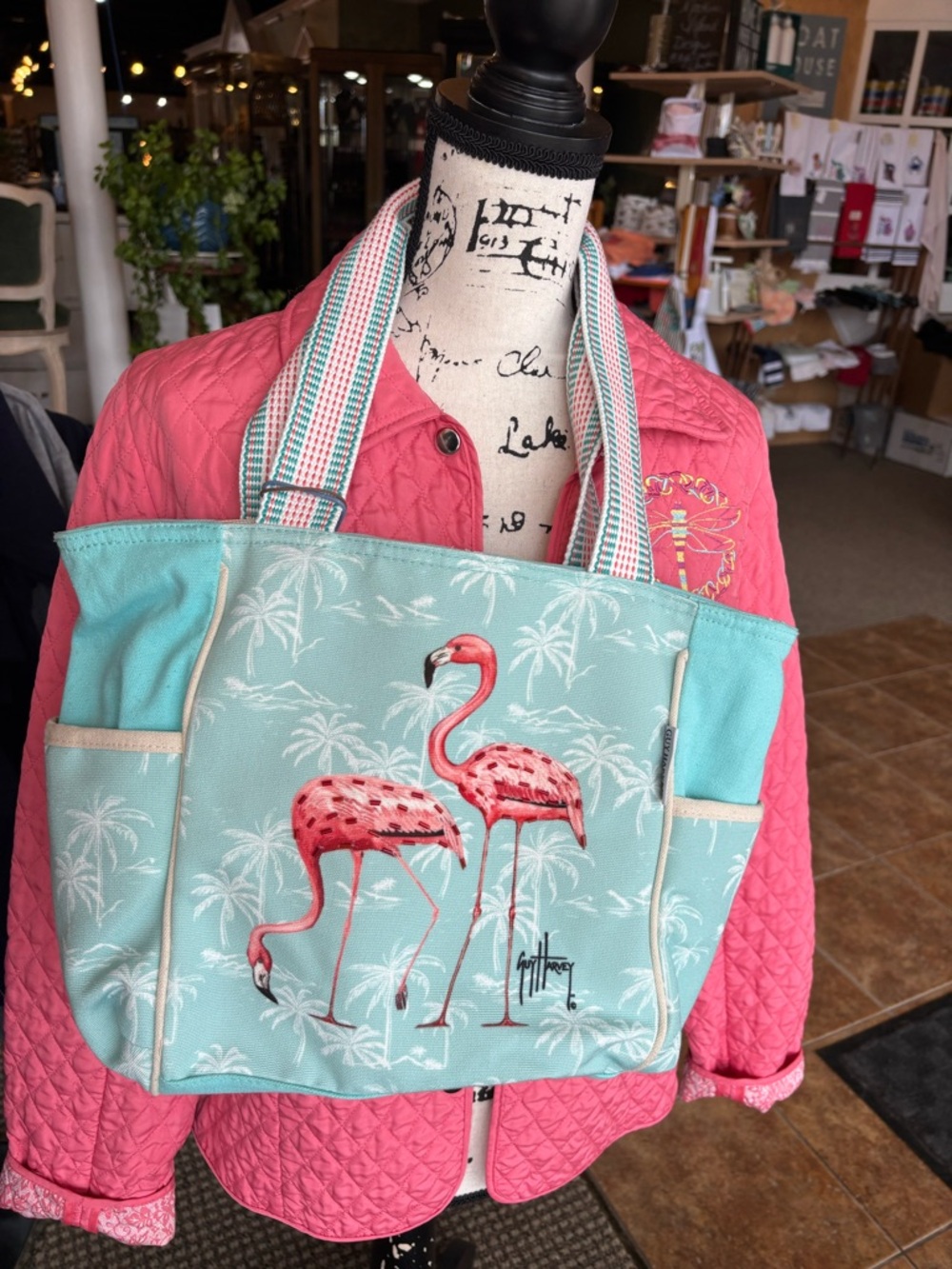 Guy Harvey Teal & Pink Flamingo Tote Bag Purse New